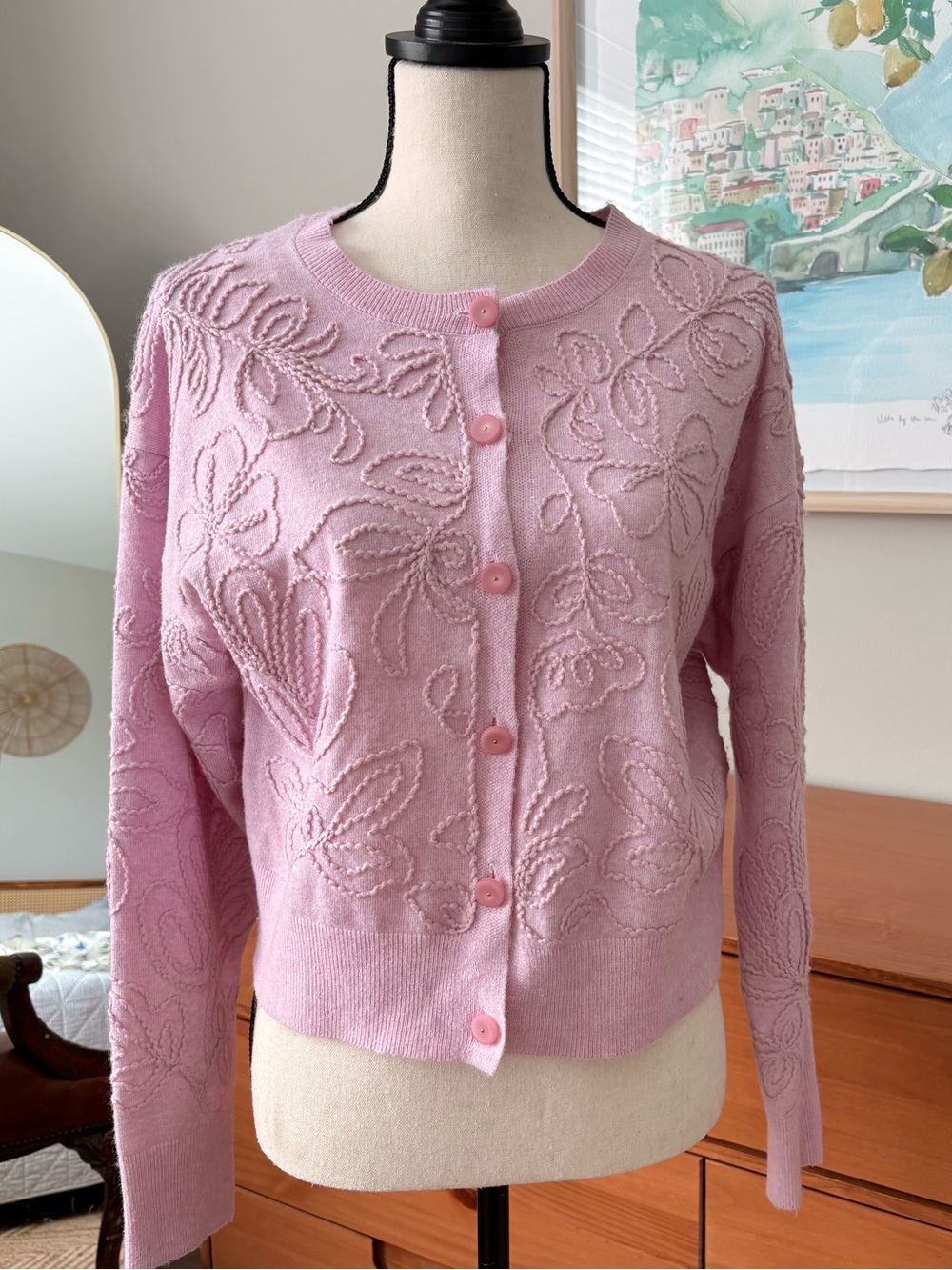 ZARA Pink Embroidered Crewneck Button-Up Sweater